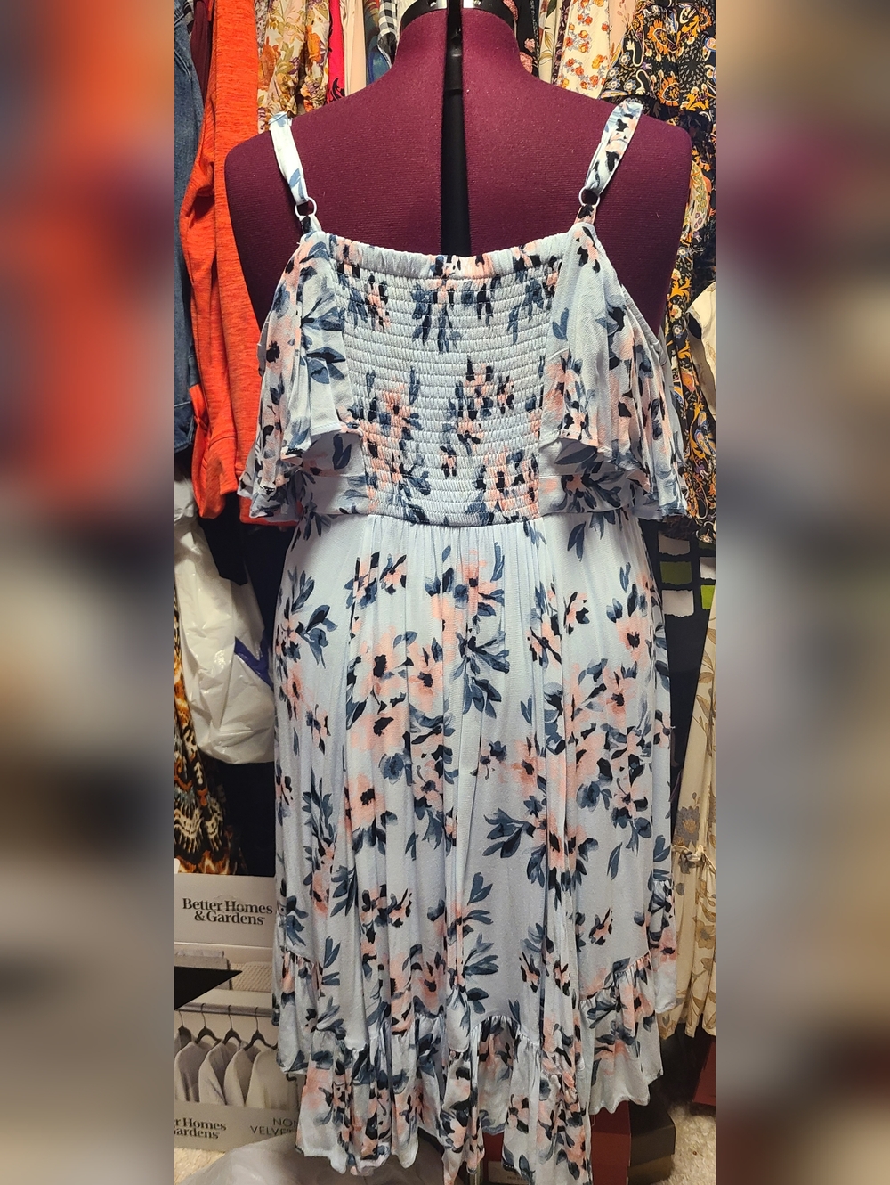 torrid Light Blue Floral Off-Shoulder Midi Dress with Pink Accents - Picture 4 of 7